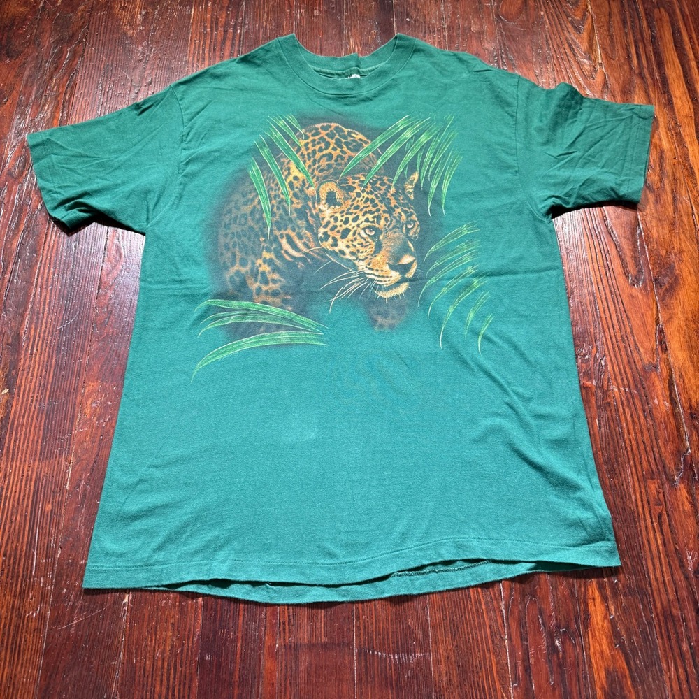 Vintage Leopard Shirt Men XL Green Jungle Animal Print Hanes Beefy Single Stitch